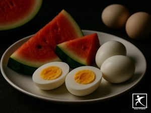 Menu meal prep praktis untuk pemula berisi telur rebus dan irisan semangka segar di atas piring putih. Pilihan sarapan atau camilan tinggi protein dan hidrasi alami yang cocok untuk gaya hidup sehat.