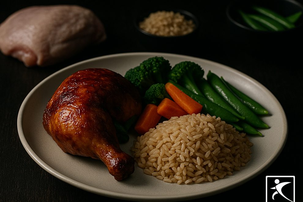 Contoh meal prep sehat untuk pemula: grilled chicken, nasi merah, wortel, dan buncis kukus dalam satu piring. Ideal untuk persiapan makanan mingguan dengan gizi seimbang.