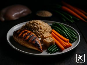 Contoh meal prep sehat untuk pemula berisi grilled chicken, nasi merah, wortel kukus, dan buncis di atas piring putih. Menu tinggi protein dan kaya serat yang cocok untuk persiapan makan sehat mingguan.