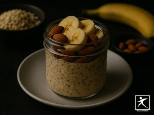 Overnight oats dalam jar dengan topping pisang dan almond, sebagai contoh sarapan sehat untuk meal prep pemula. Tinggi serat dan cocok untuk gaya hidup aktif dan praktis.