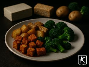 Contoh menu meal prep nabati untuk pemula berisi tumis tahu dan tempe, kentang rebus, serta brokoli kukus di atas piring putih. Pilihan makanan sehat tinggi protein nabati dan serat untuk persiapan makan mingguan.